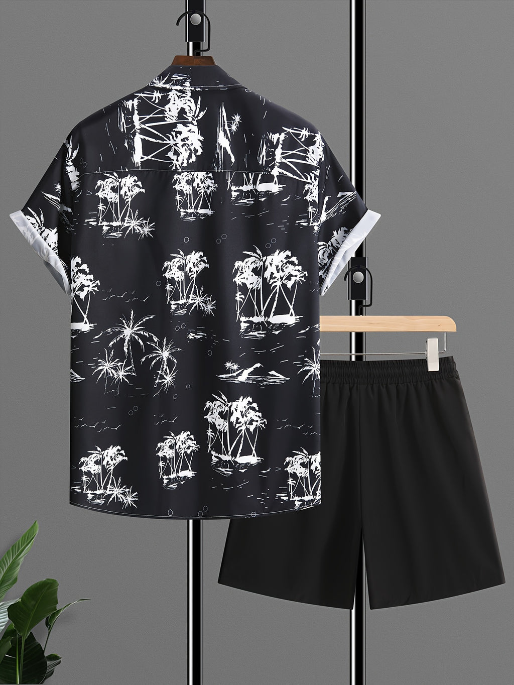 Coconut Trees, Men's 2pcs, Short Sleeve Graphic Print Button Up Shirt And Drawstring Shorts co ord set