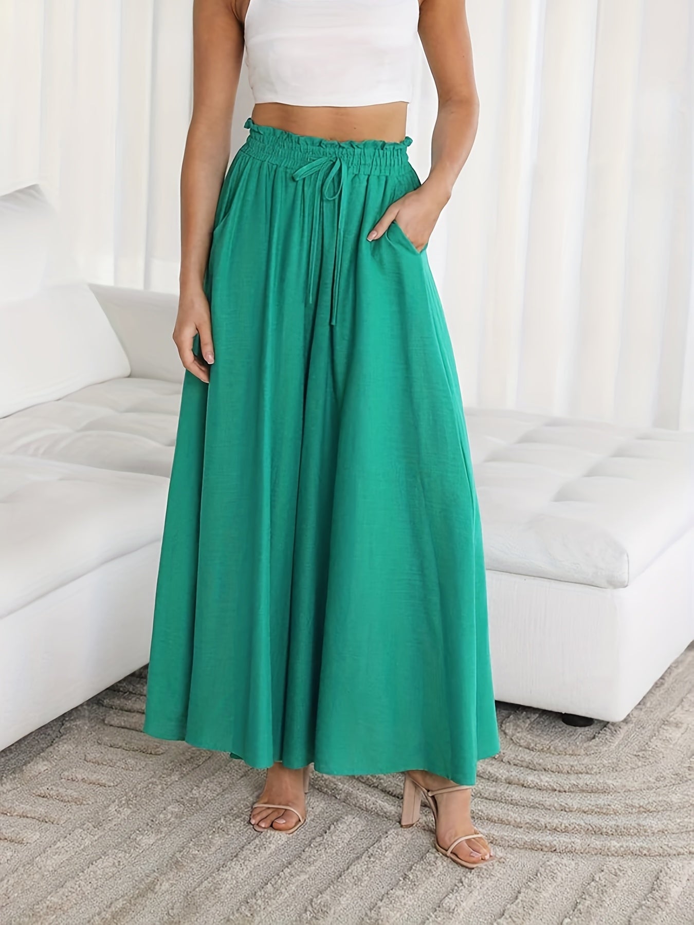 Boho Drawstring Wide Leg Pants, Casual Smocked Waist Elastic Palazzo Pants For Spring & Summer, Women's Clothing
