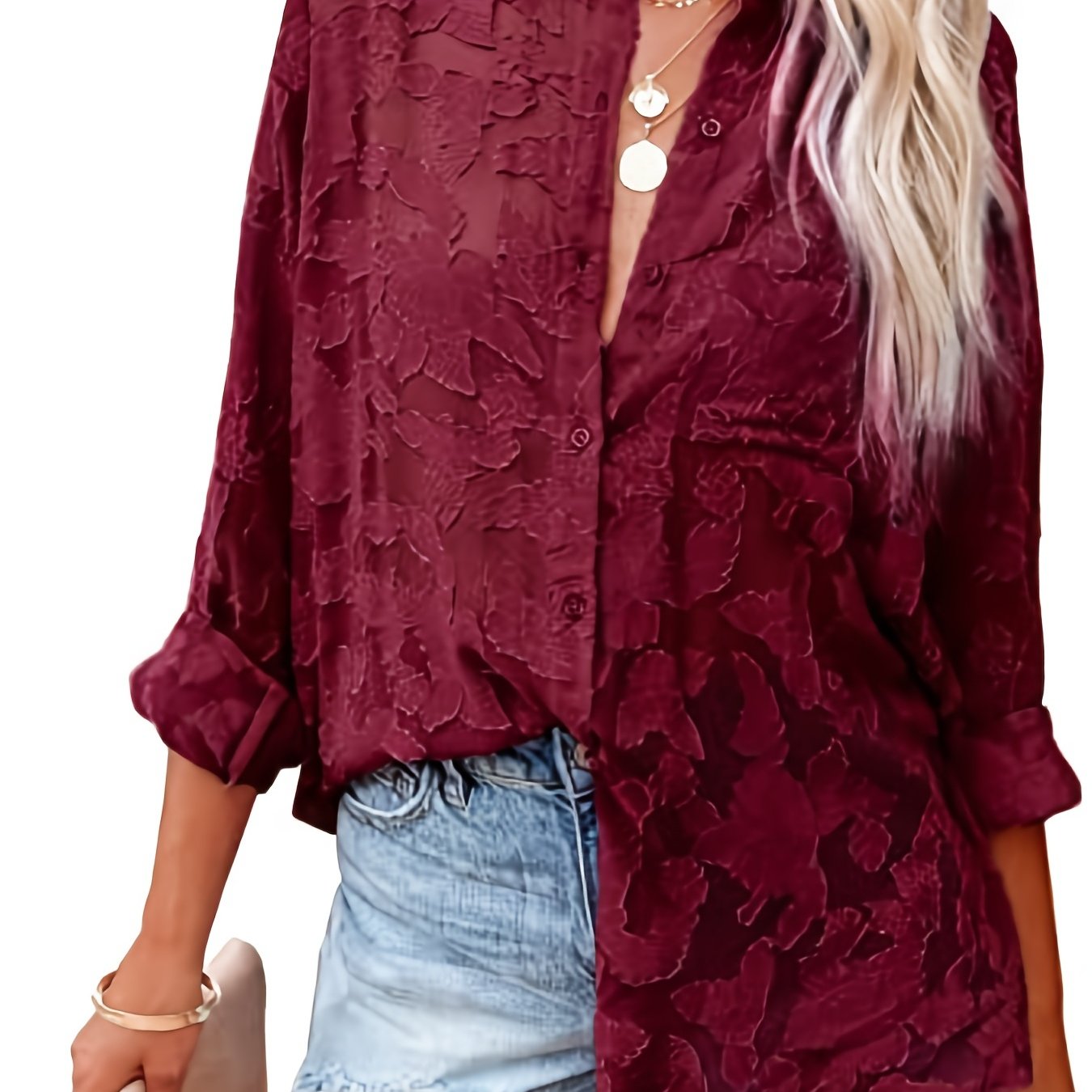 Chiffon V-neck Loose Lapel Blouses, Casual Button Down Long Sleeve Fashion Shirts Tops, Women's Clothing