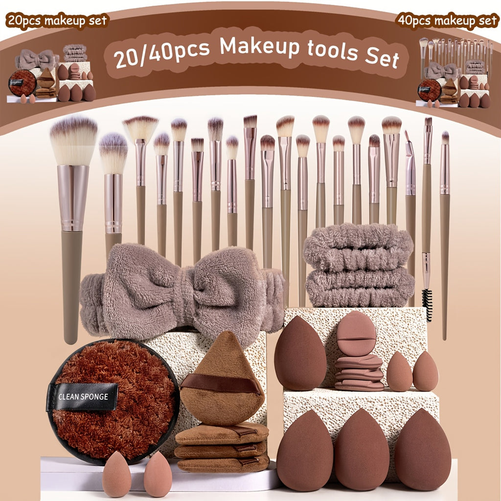 A 20/40pcs Makeup Tool Set with Various Specifications Available. The Large Set Includes (20 High-Quality Makeup Brushes + 1 Headband + 2 Wristbands + 1 Makeup Remover Puff + 4 Triangular Velour Puffs + 4 Finger Puffs + 4 Lar