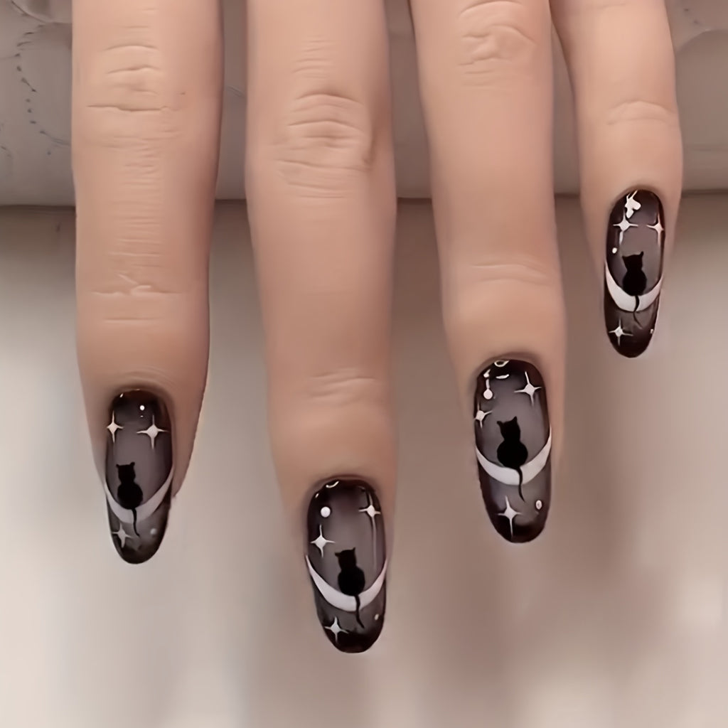 24pcs Glossy Black Gradient French Tip Press On Nails with Cute Cat, Star, and Moon Design - Full Cover False Nails for Women and Girls, Halloween Nails