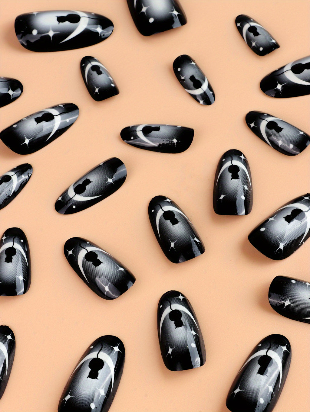 24pcs Glossy Black Gradient French Tip Press On Nails with Cute Cat, Star, and Moon Design - Full Cover False Nails for Women and Girls, Halloween Nails