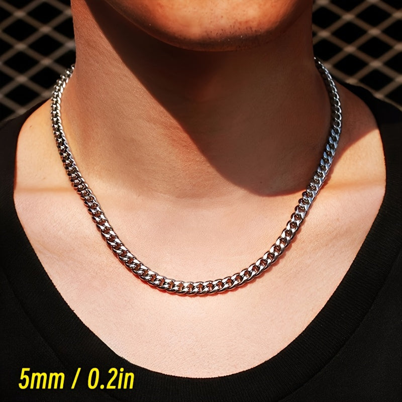 3mm 5mm 7mm Wide Stainless Steel Cuban Link Chain Necklace - Punk Rock Style Unisex Adjustable 16/20/24 Inch Edgy Jewelry for Men & Women, Durable Choker for Casual & Formal Wear, Bold Design, Polished Finish, Fashion Enthusi