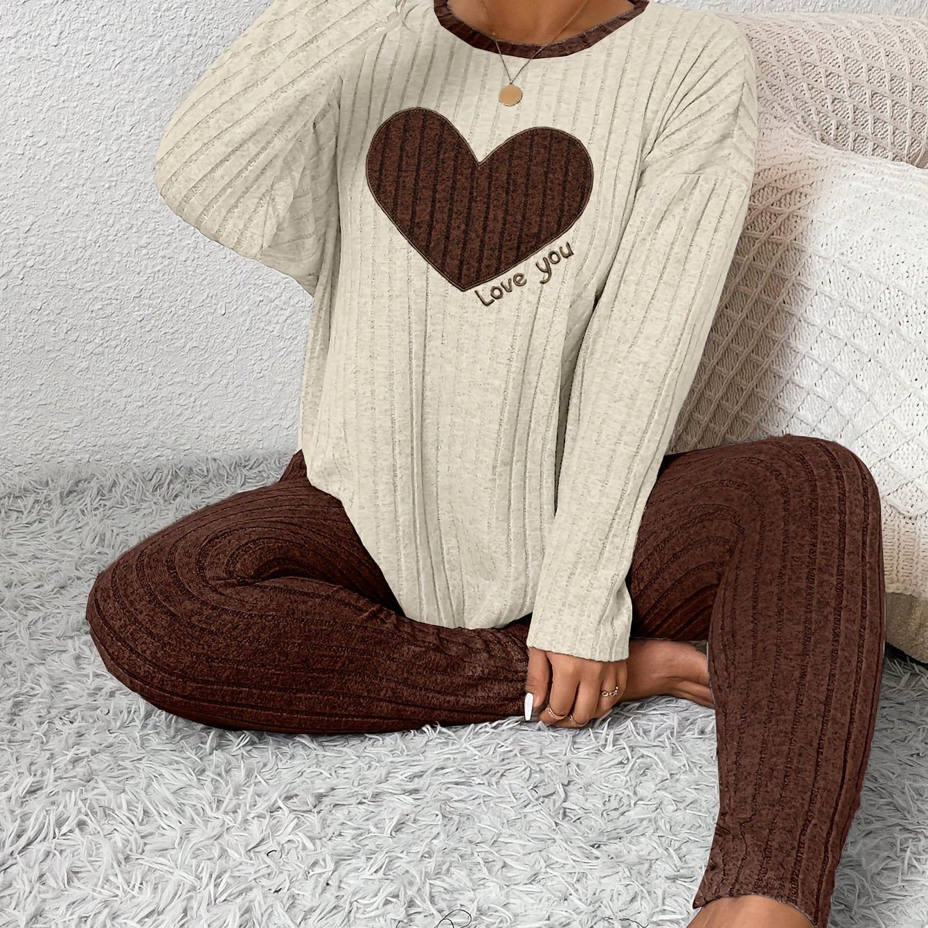 Plus Size Heart Fitted Long Sleeve And Long Pants Loungewear Set