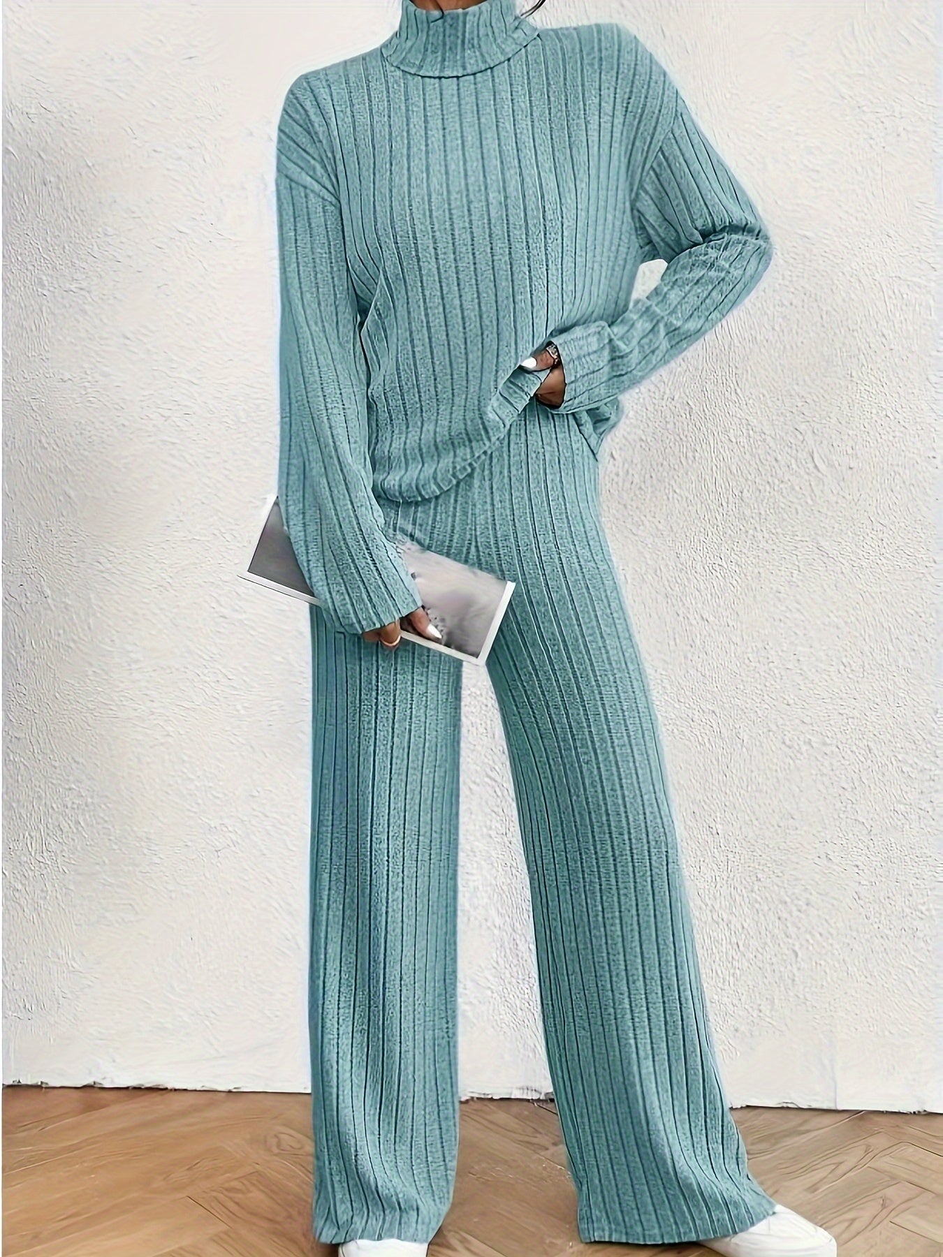 Solid Ribbed Two-piece Set, Casual Mock Neck T-shirt & Wide Leg Pants Outfits, Women's Clothing