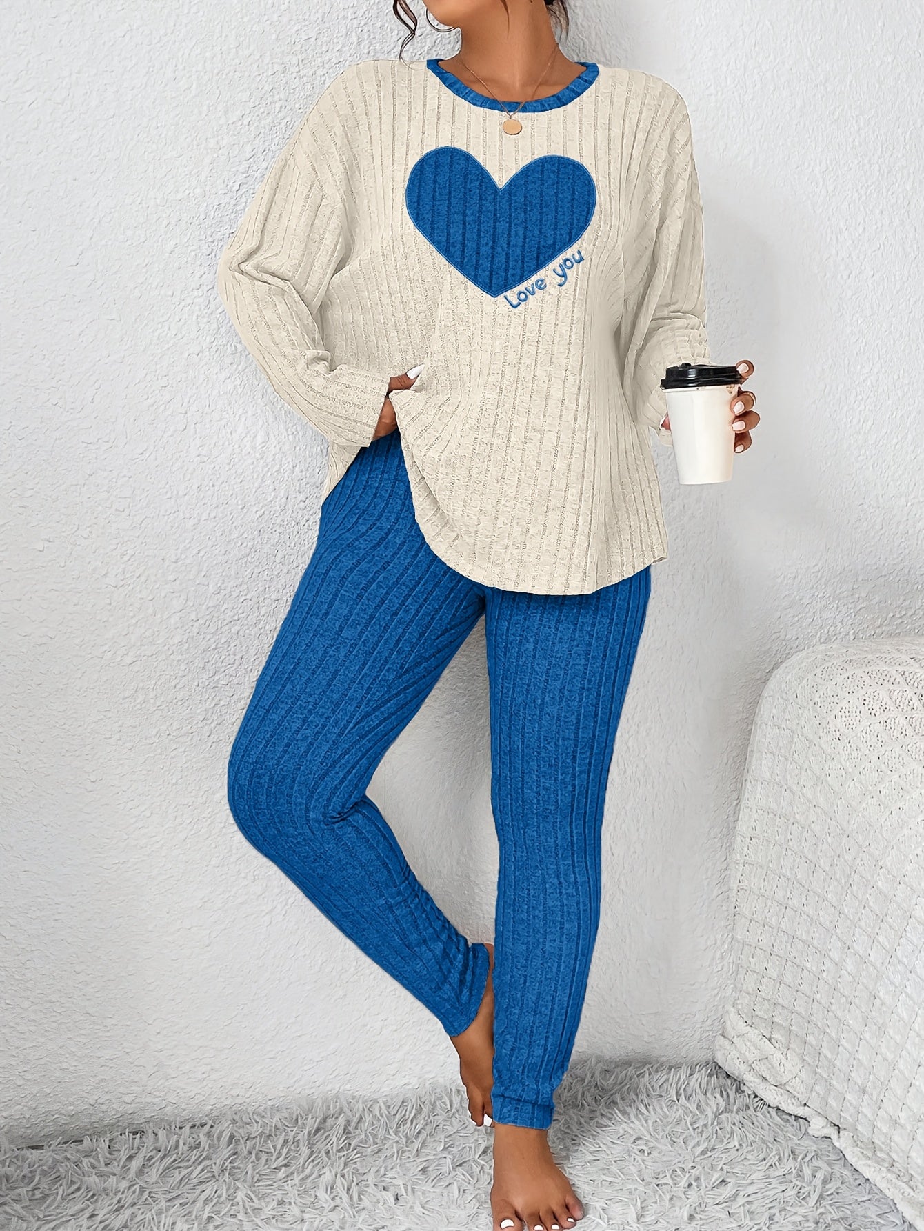 Plus Size Heart Fitted Long Sleeve And Long Pants Loungewear Set