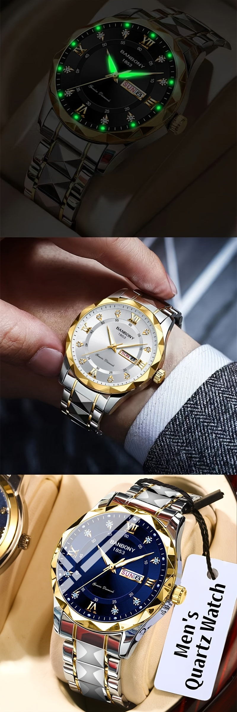 1pc Stainless Steel Strap Men'S Roman Numerals Dial Rhinestones Multifunctional Watch, Ideal for Birthday, Holiday Gifts Valentine'S Day