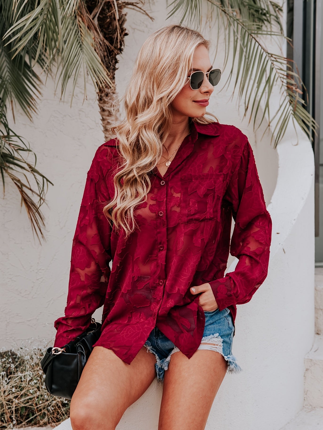 Chiffon V-neck Loose Lapel Blouses, Casual Button Down Long Sleeve Fashion Shirts Tops, Women's Clothing