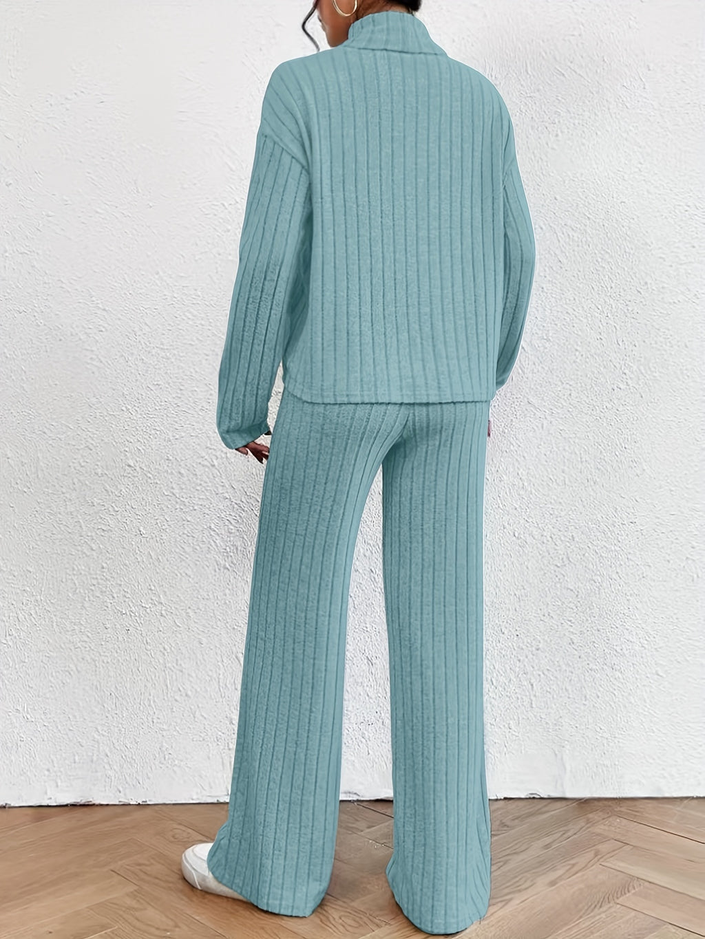 Solid Ribbed Two-piece Set, Casual Mock Neck T-shirt & Wide Leg Pants Outfits, Women's Clothing