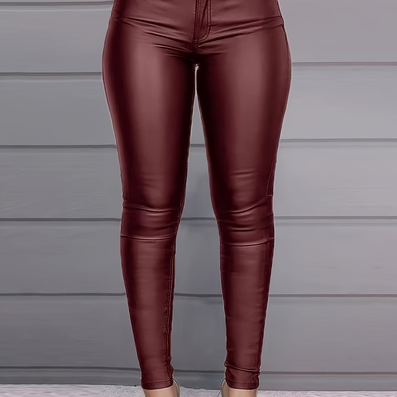 Women's High-Elastic Coated Skinny Jeans - Street Style, Stretch Denim with Glossy Finish, Mid-Rise, Button Closure, Long Length, Versatile for All Seasons