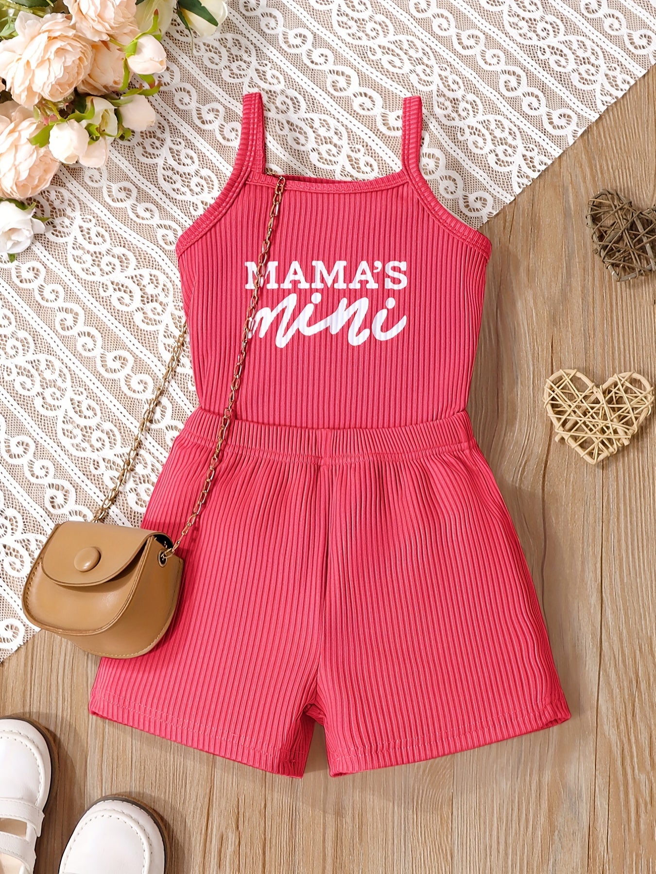 2pcs Toddler Girls Letter "MAMA'S MINI" Graphic Cami Top & Elastic Waist Shorts Set Kids Summer Outdoor Clothes