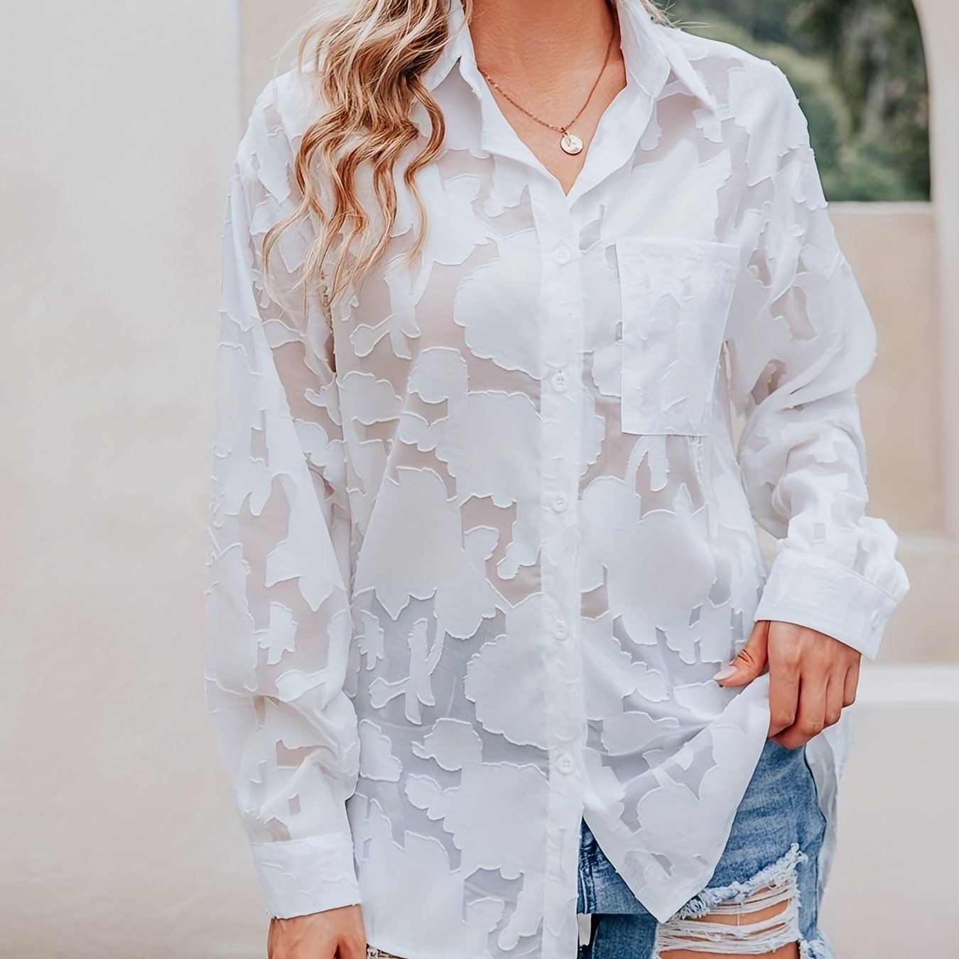 Chiffon V-neck Loose Lapel Blouses, Casual Button Down Long Sleeve Fashion Shirts Tops, Women's Clothing