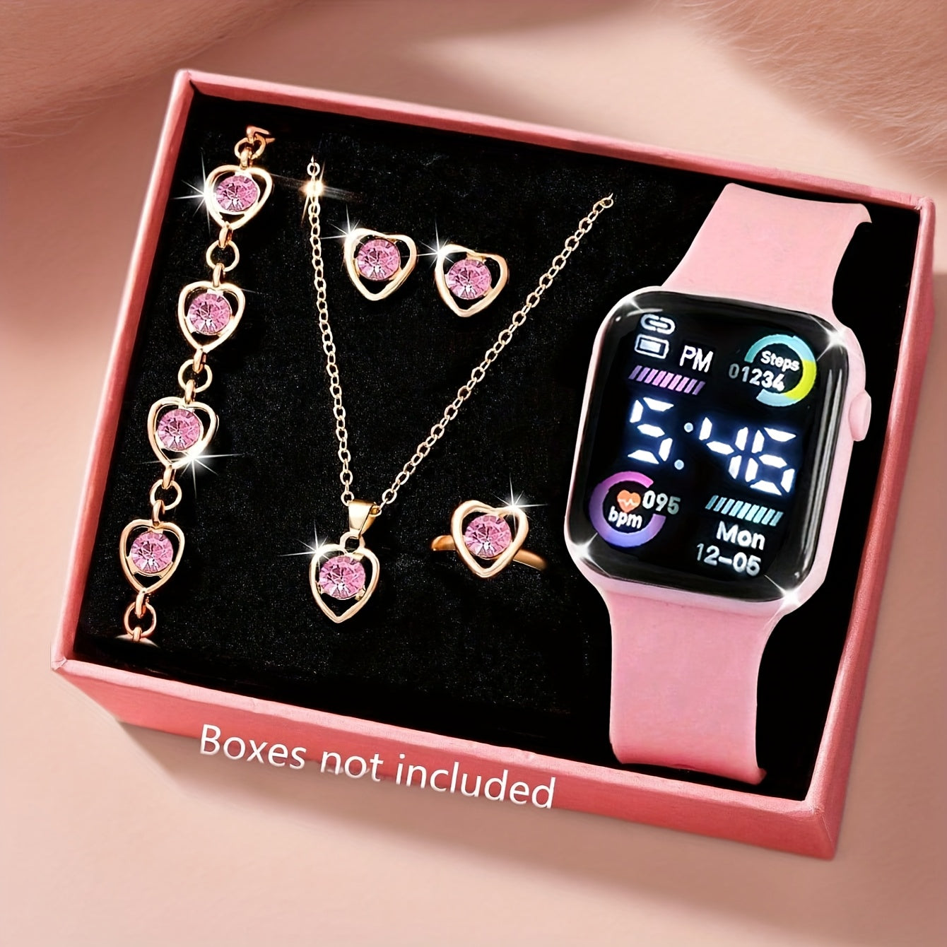 6-Piece Fashionable Pink Electronic Watch, Bracelet, Necklace, Earrings, and Ring Set for Teens - Perfect Birthday Gift for Friends, Girlfriend, or Boyfriend, Ideal for Travel, Graduation, Halloween, and Valentine's Day