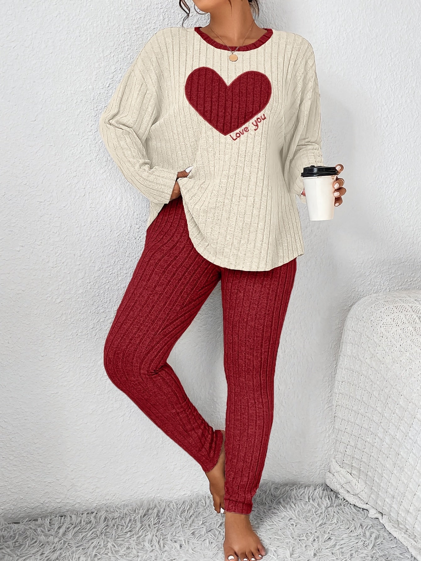 Plus Size Heart Fitted Long Sleeve And Long Pants Loungewear Set