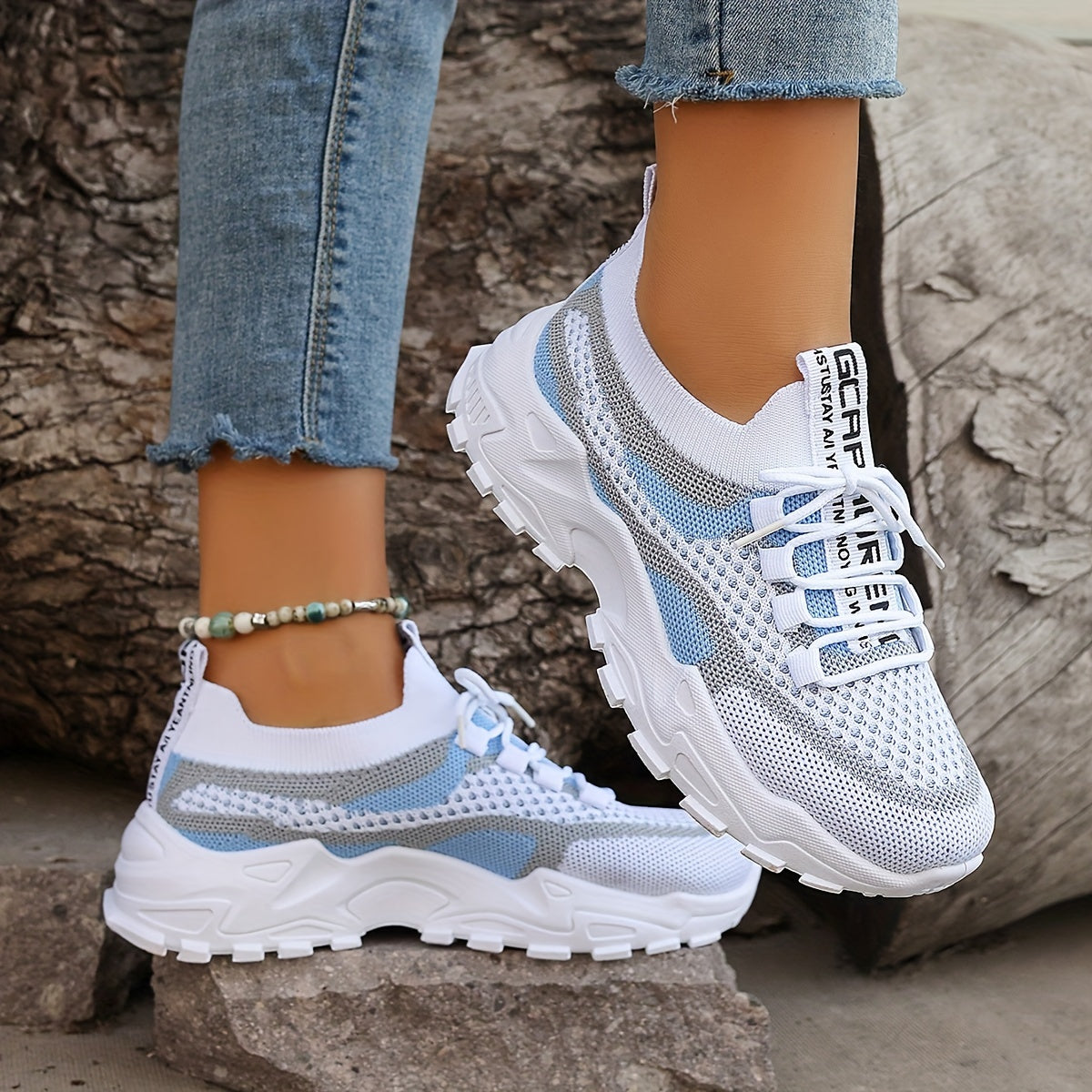 Women'S Color-Blocked Casual Sneakers, Breathable Lace-Up Running Shoes with Flying Woven Design, Stylish Mesh Platform Casual Footwear.