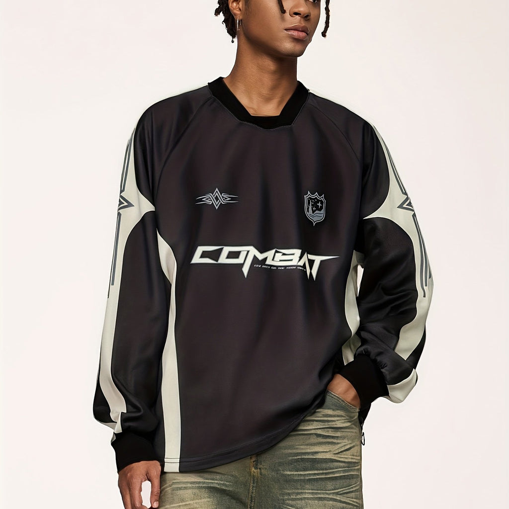 Men'S Casual Polyester Long Sleeve T-Shirt with "COMET" Print, Black & White Striped Design, Loose Fit, Sweetheart Neckline, Non-Stretch Fabric, Perfect for Spring, Summer, and Fall, Casual Wear | Sporty Casualwear | Polyeste