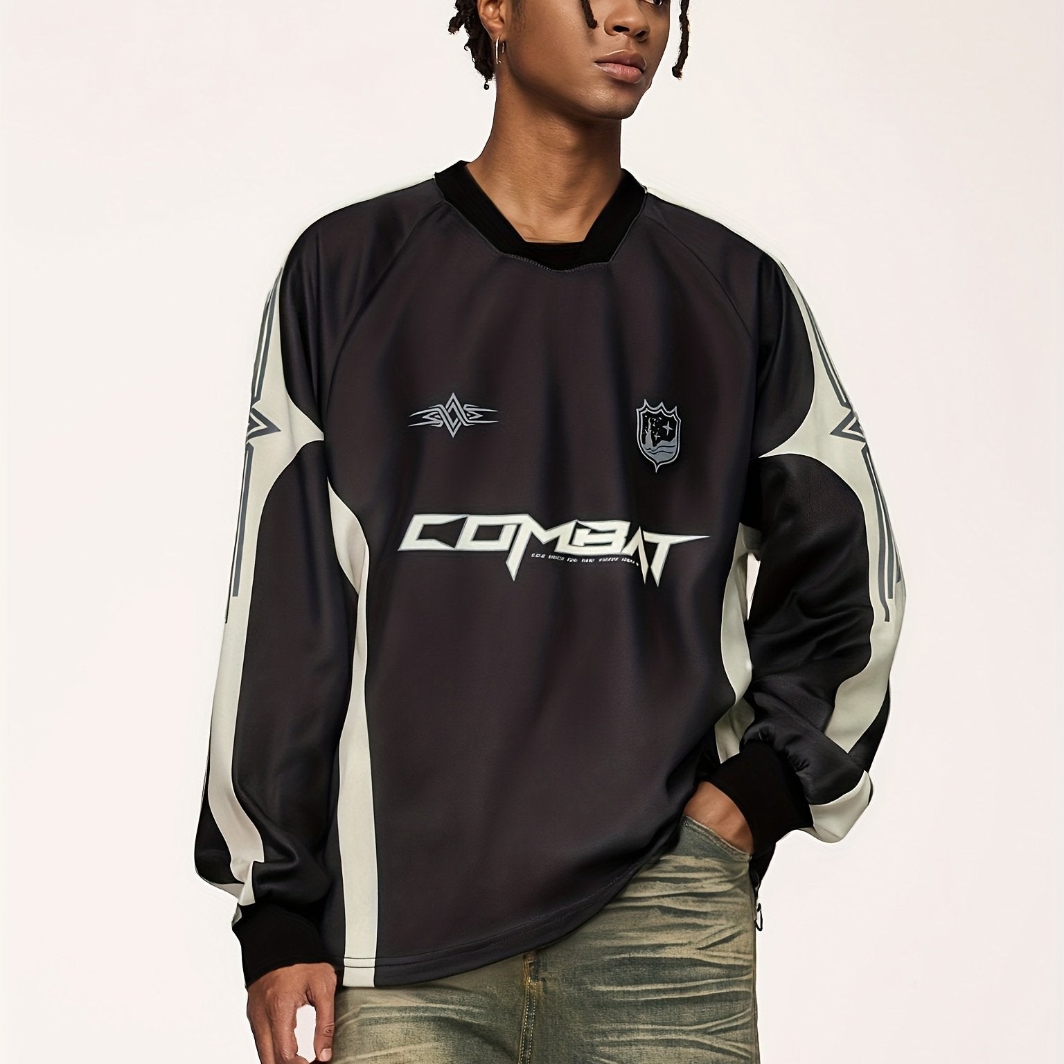 T-shirt homme décontracté à manches longues en polyester avec imprimé « COMET », rayures noires et blanches, coupe ample, encolure cœur, tissu non extensible, idéal pour le printemps, l'été et l'automne, style décontracté | Vêtement sport-chic | Polyester