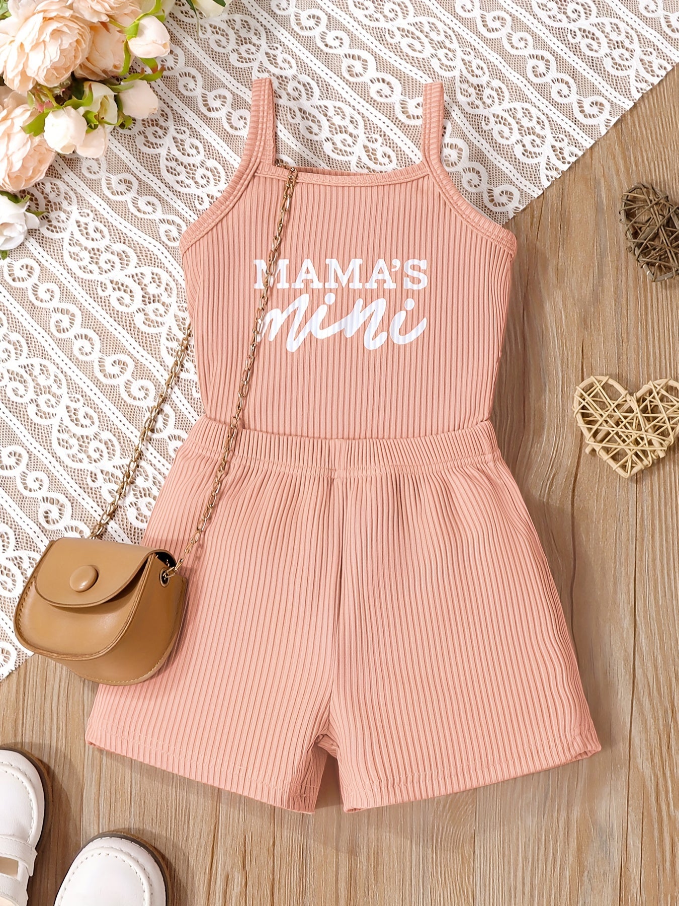 2pcs Toddler Girls Letter "MAMA'S MINI" Graphic Cami Top & Elastic Waist Shorts Set Kids Summer Outdoor Clothes