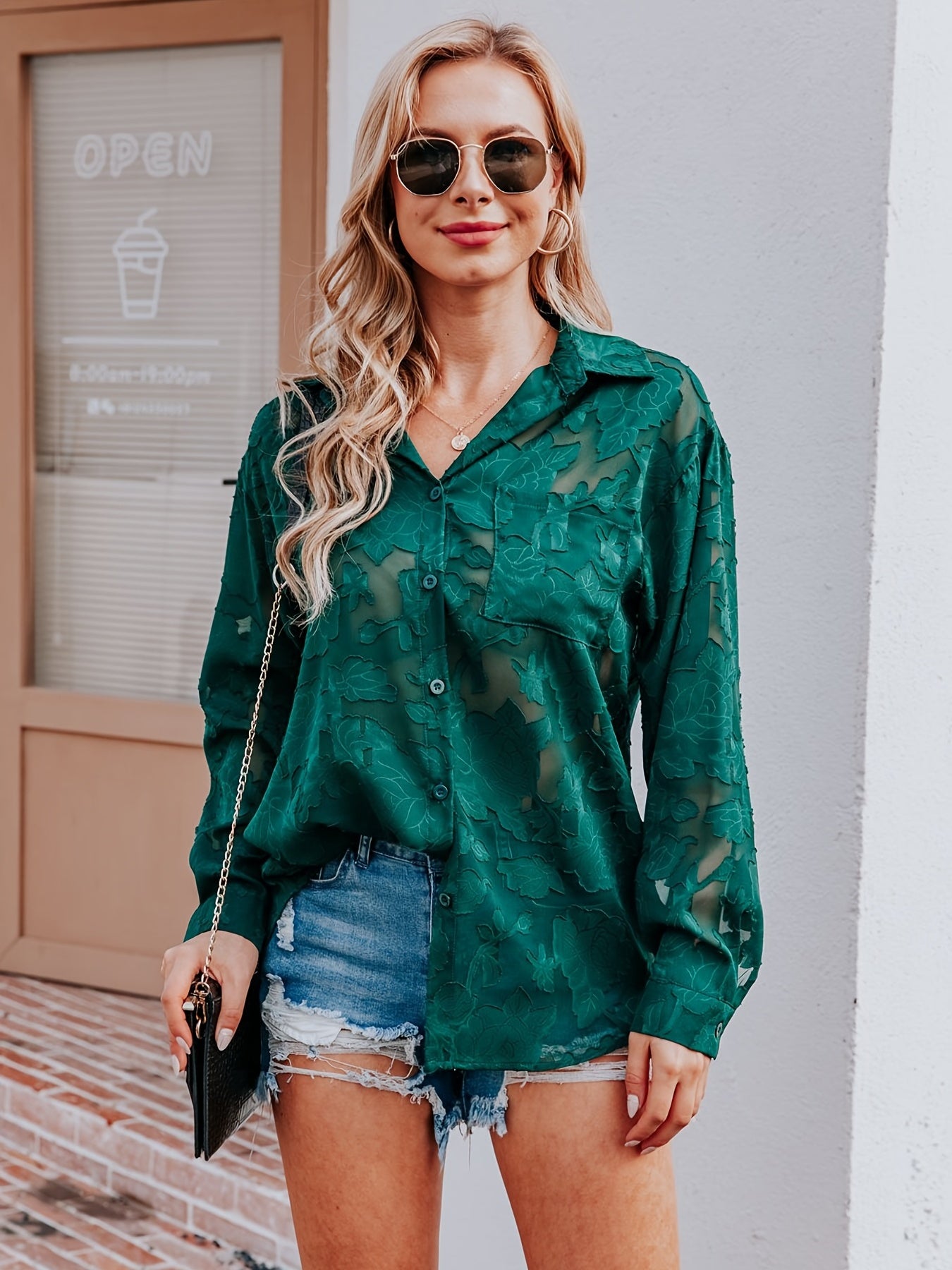 Chiffon V-neck Loose Lapel Blouses, Casual Button Down Long Sleeve Fashion Shirts Tops, Women's Clothing