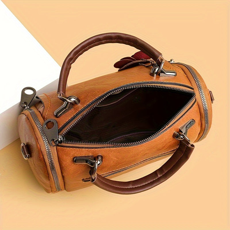 Vintage Boston Handbag, Large-capacity Trendy Satchel Bag, Flower Pendant Zipper Purse