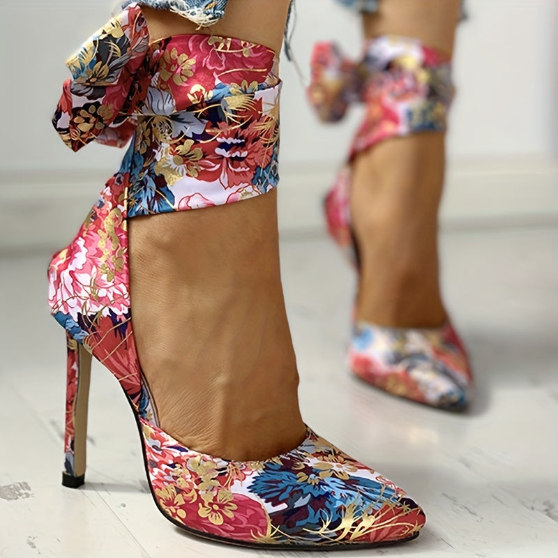Women's Floral Printed Satin High Heels, Fashion Pointed Toe Lace Up D'Orsay Stiletto Sandals, Party & Dress Pumps
