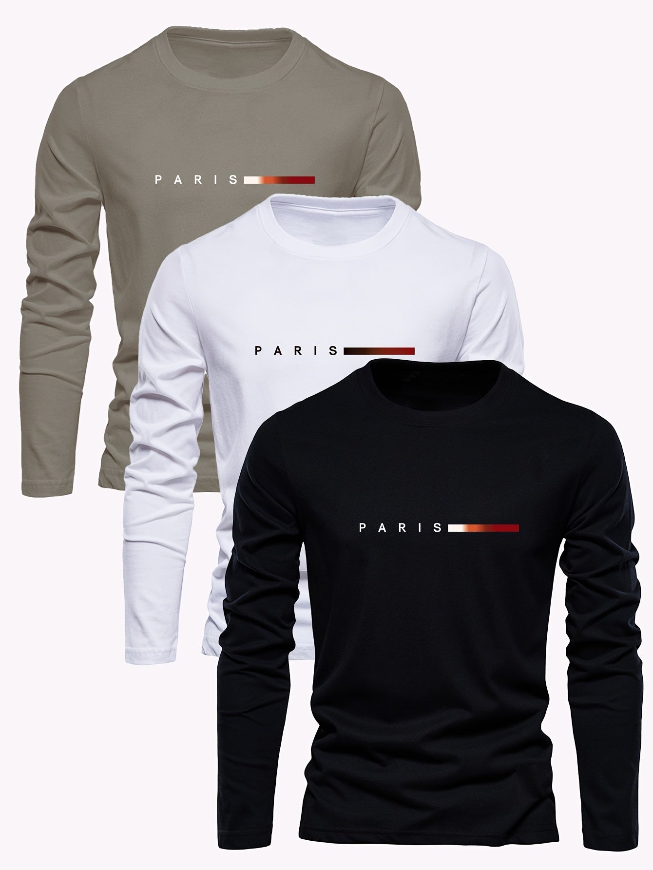 3pcs Men's 100% Cotton Long Sleeve T-Shirts with Lettered Applique Logos - Round Neck Casual Streetwear, Spring/Fall Wardrobe in Breathable Fabric for Casual Attire (3pcs Pack)
