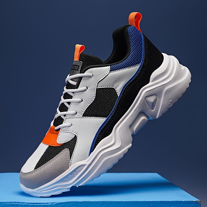 Men's Breathable Mesh Chunky Sneakers - White & Teal Casual Sneakers with EVA Sole, Lace-Up Design for All Seasons