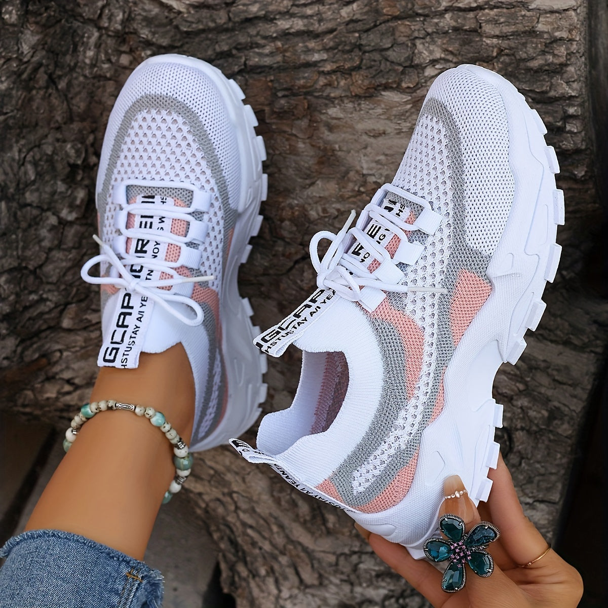 Women'S Color-Blocked Casual Sneakers, Breathable Lace-Up Running Shoes with Flying Woven Design, Stylish Mesh Platform Casual Footwear.