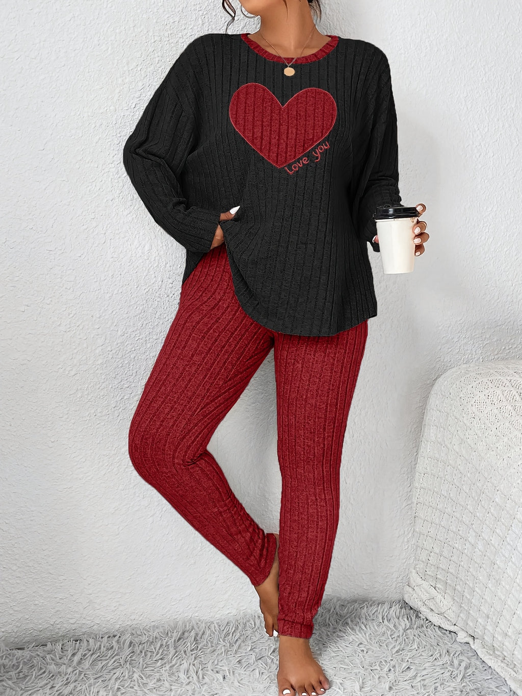 Plus Size Heart Fitted Long Sleeve And Long Pants Loungewear Set
