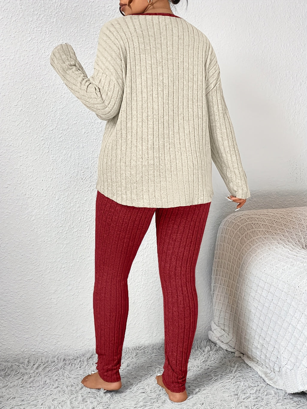 Plus Size Heart Fitted Long Sleeve And Long Pants Loungewear Set