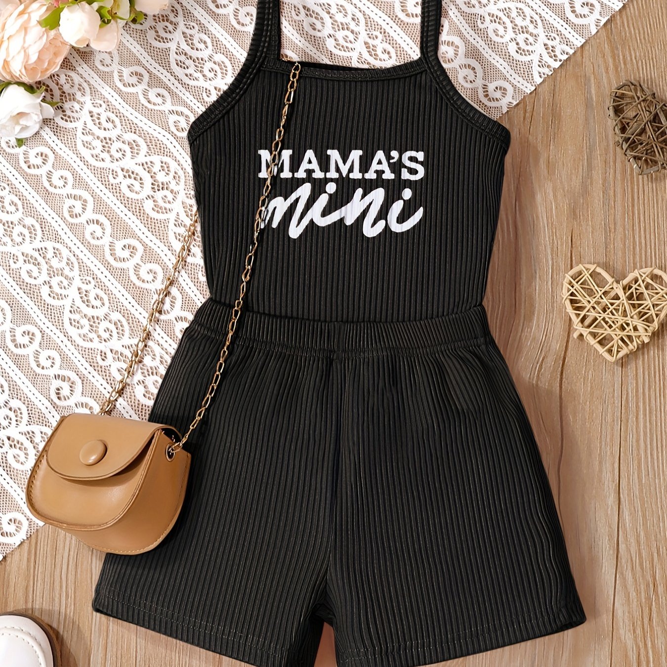 2pcs Toddler Girls Letter "MAMA'S MINI" Graphic Cami Top & Elastic Waist Shorts Set Kids Summer Outdoor Clothes