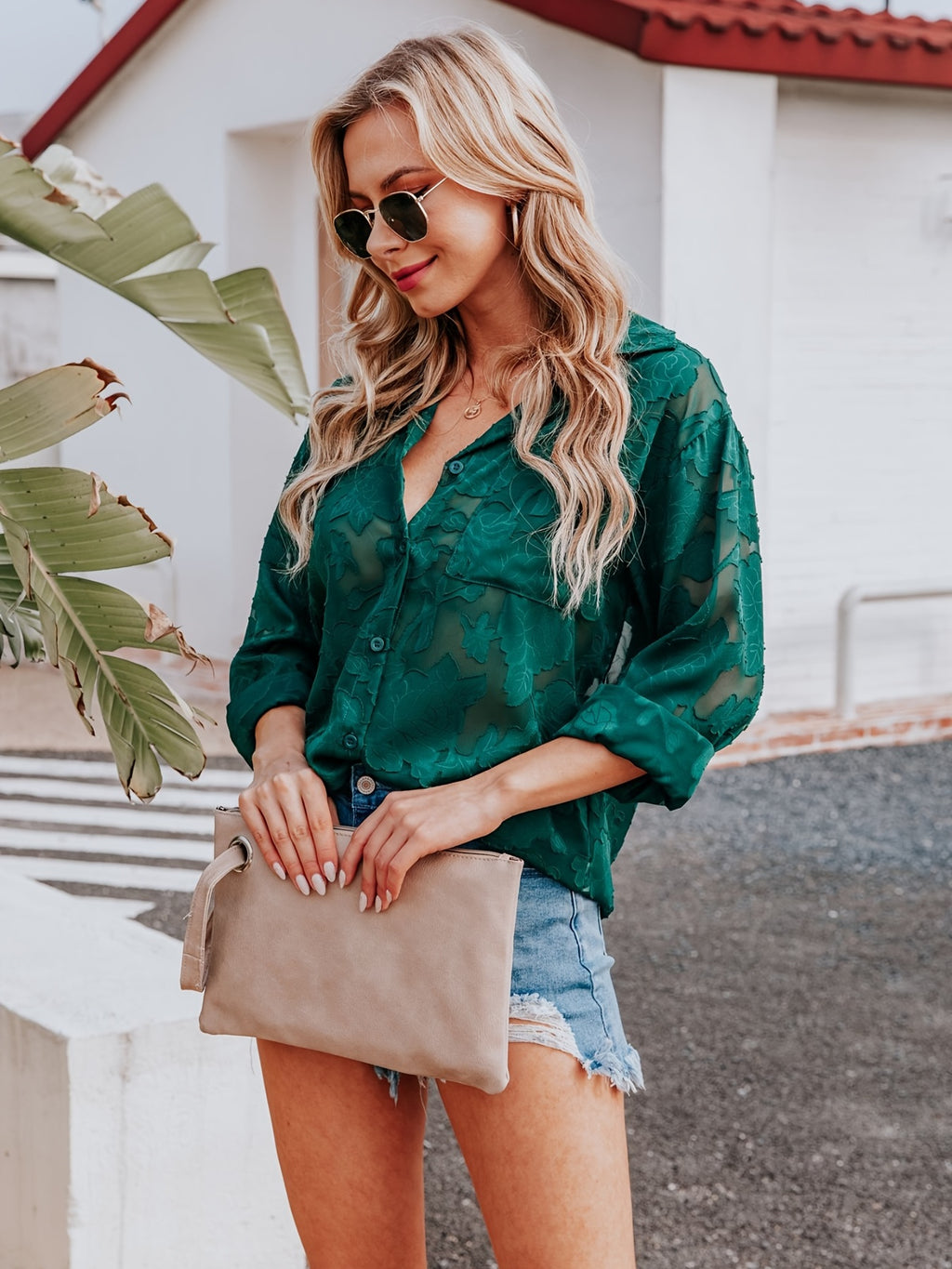 Chiffon V-neck Loose Lapel Blouses, Casual Button Down Long Sleeve Fashion Shirts Tops, Women's Clothing