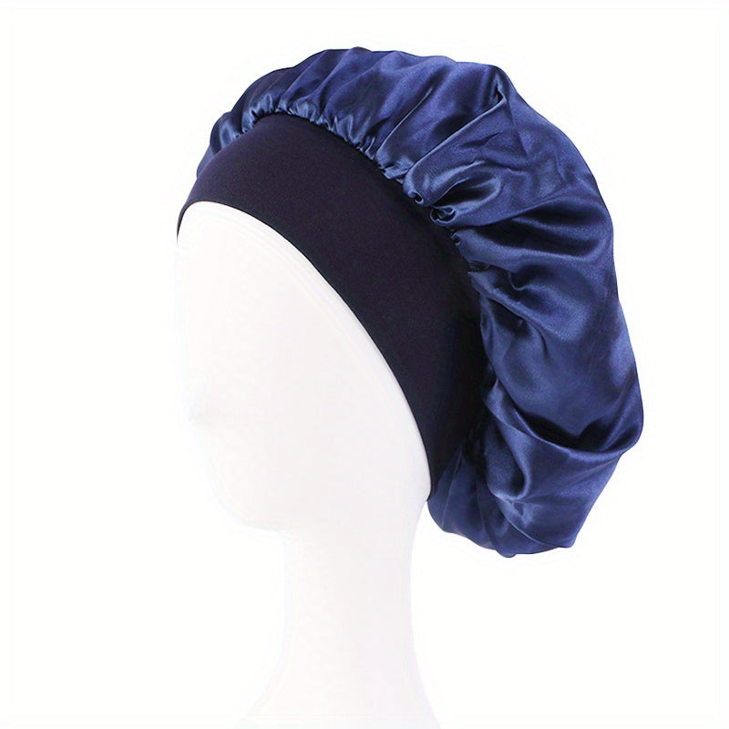 Solid Color Wide Elastic Band Satin Sleep Bonnet Soft Night Sleeping Cap For Women