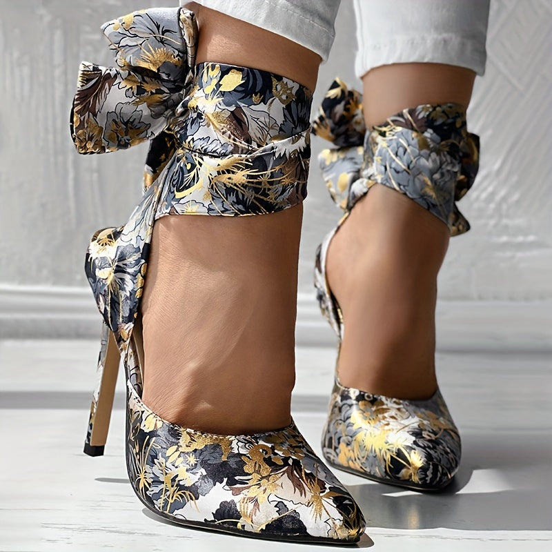 Women's Floral Printed Satin High Heels, Fashion Pointed Toe Lace Up D'Orsay Stiletto Sandals, Party & Dress Pumps