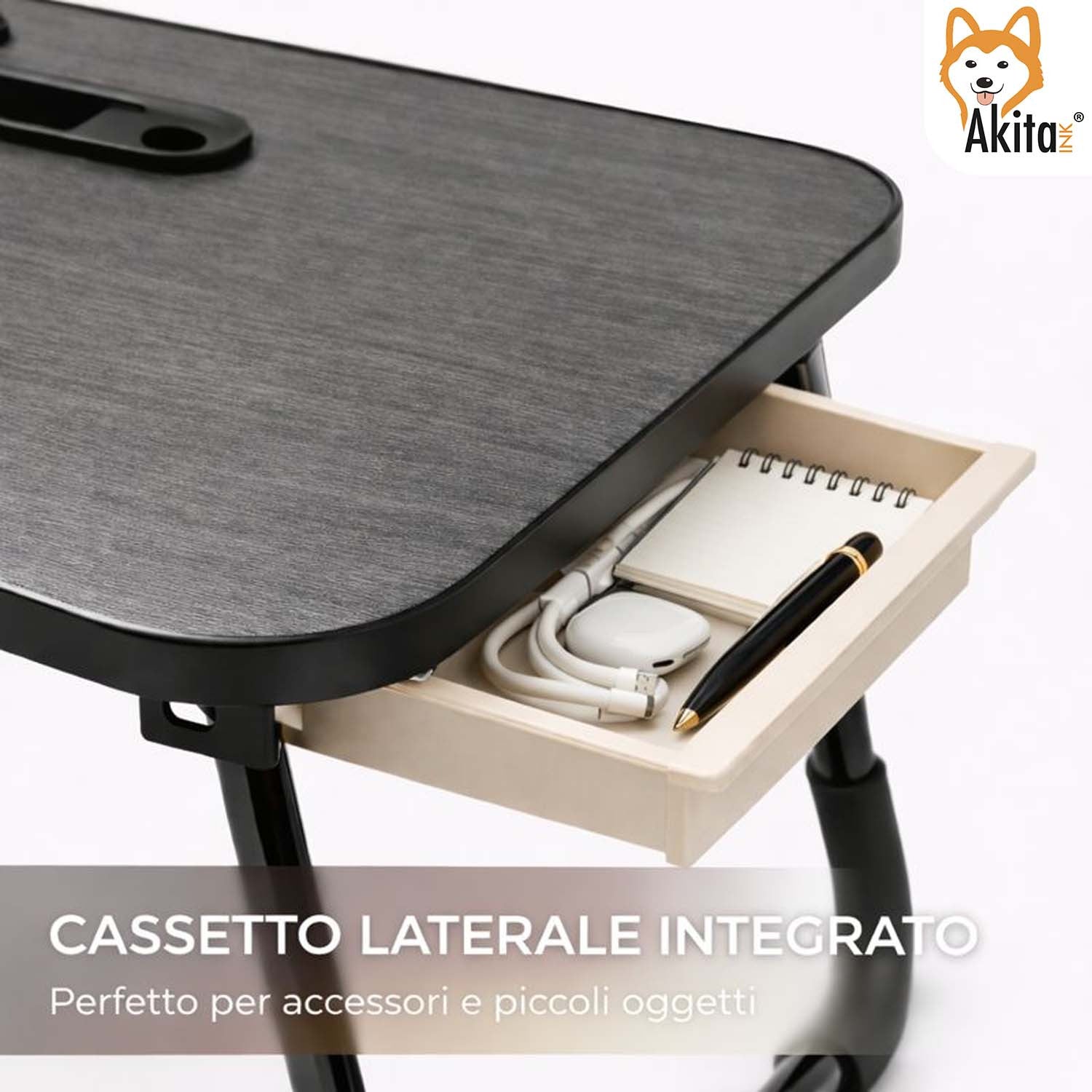 AkitaInk Foldable Desk Tray for PC - Portable Stand with Drawer and Cup Holder, Bedside and Sofa Table, Black, 60×40×26 cm