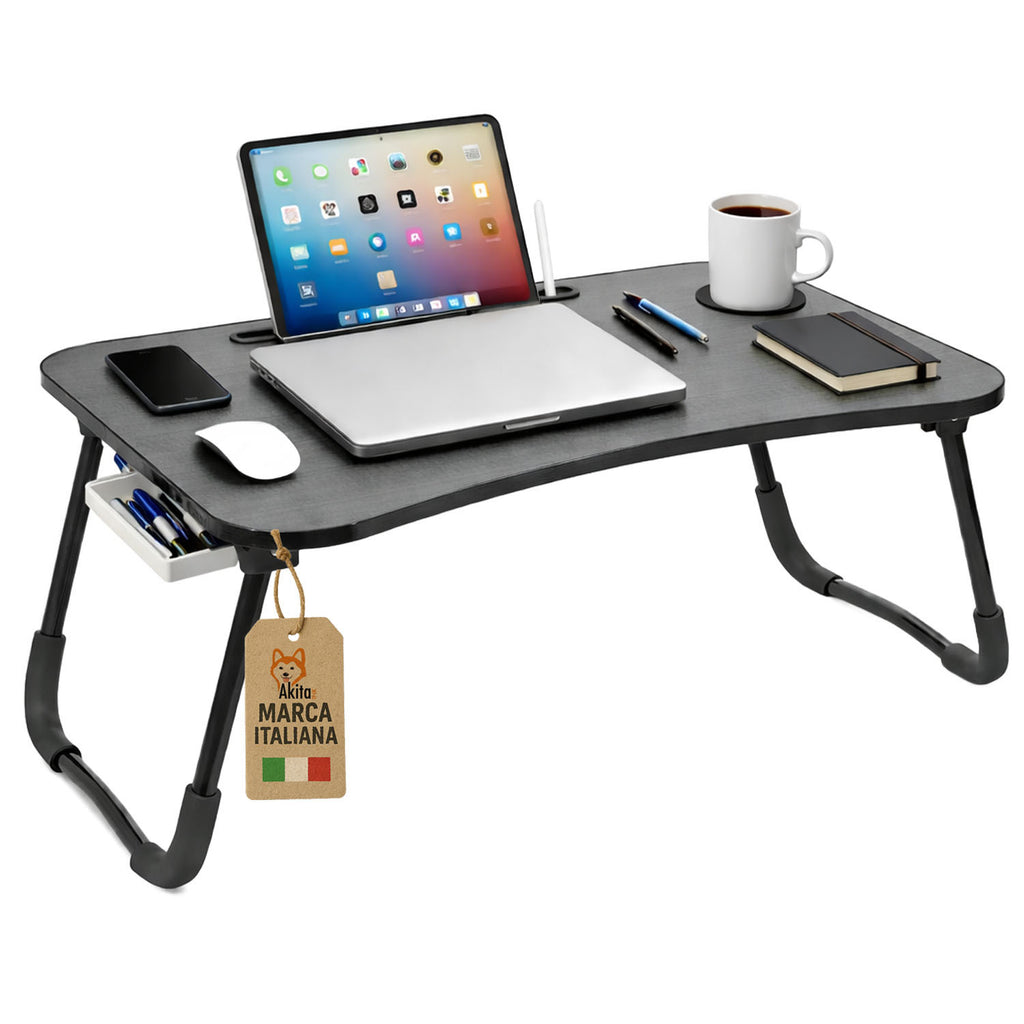 AkitaInk Foldable Desk Tray for PC - Portable Stand with Drawer and Cup Holder, Bedside and Sofa Table, Black, 60×40×26 cm