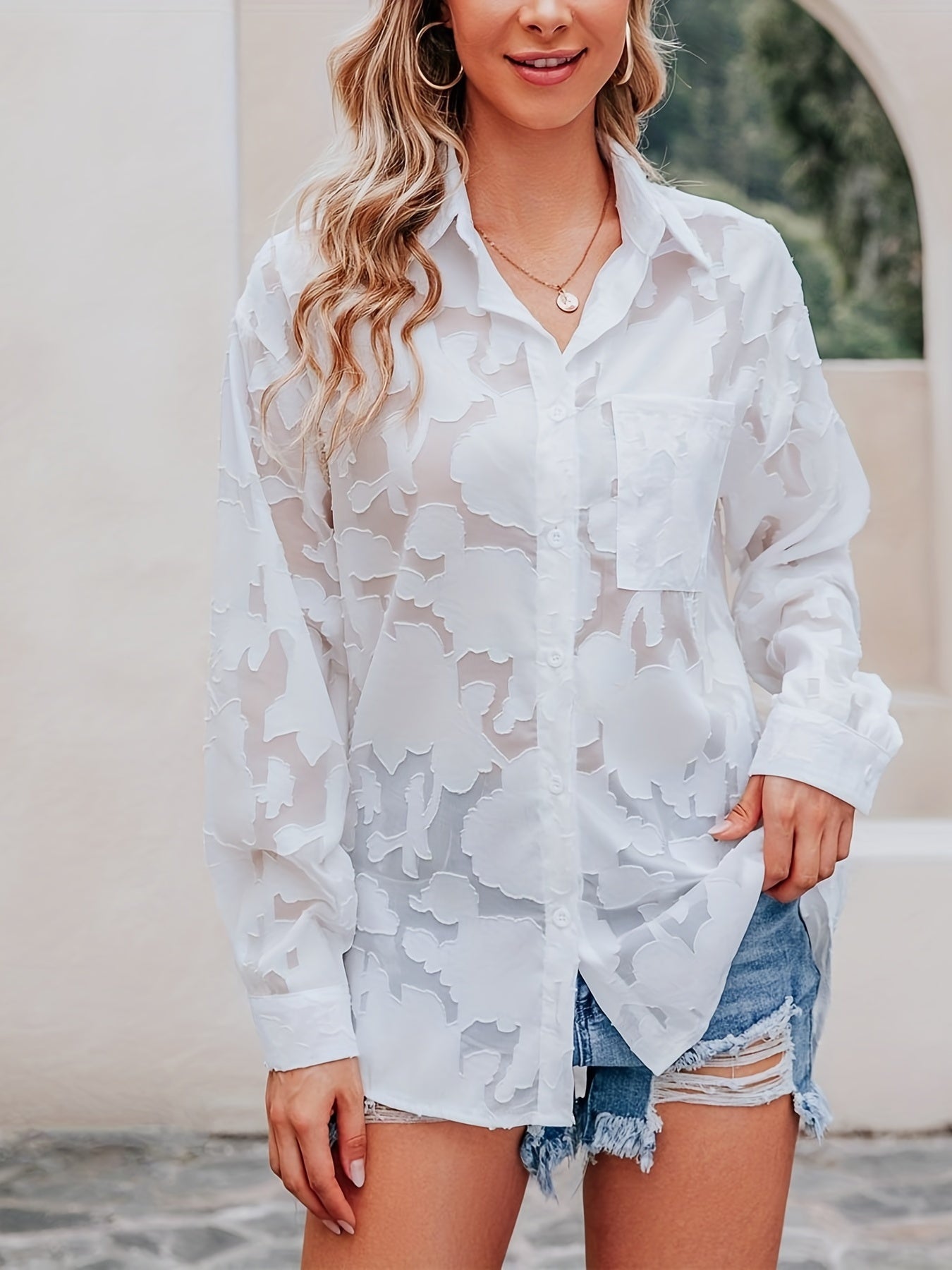 Chiffon V-neck Loose Lapel Blouses, Casual Button Down Long Sleeve Fashion Shirts Tops, Women's Clothing
