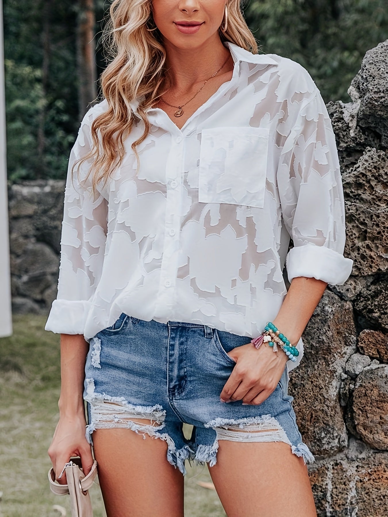 Chiffon V-neck Loose Lapel Blouses, Casual Button Down Long Sleeve Fashion Shirts Tops, Women's Clothing