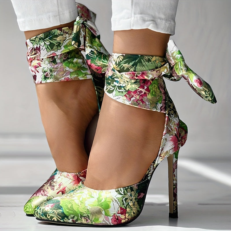Women's Floral Printed Satin High Heels, Fashion Pointed Toe Lace Up D'Orsay Stiletto Sandals, Party & Dress Pumps