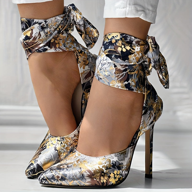 Women's Floral Printed Satin High Heels, Fashion Pointed Toe Lace Up D'Orsay Stiletto Sandals, Party & Dress Pumps