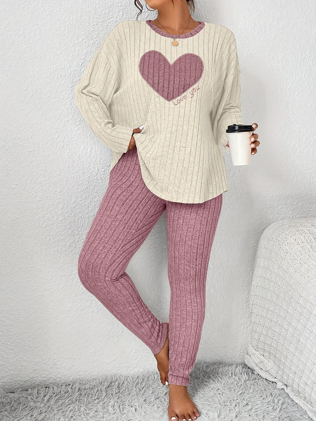 Plus Size Heart Fitted Long Sleeve And Long Pants Loungewear Set