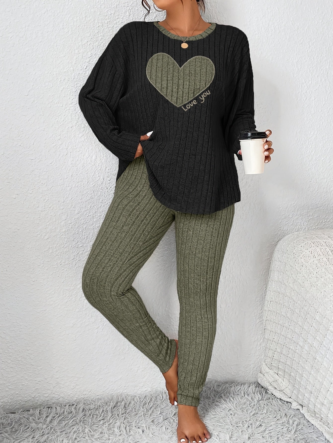 Plus Size Heart Fitted Long Sleeve And Long Pants Loungewear Set