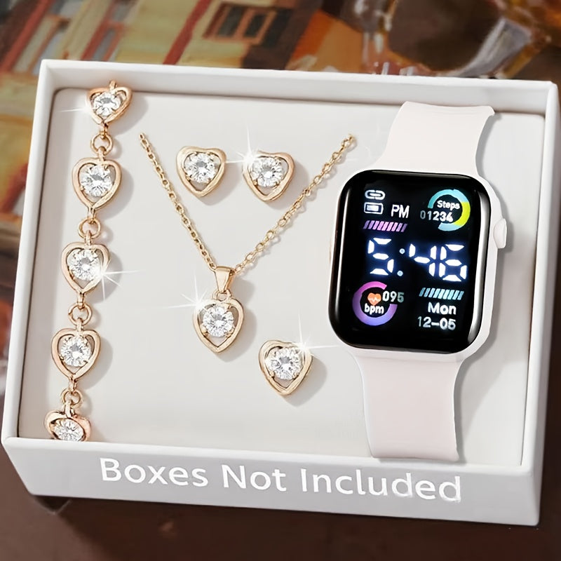 6-Piece Fashionable Pink Electronic Watch, Bracelet, Necklace, Earrings, and Ring Set for Teens - Perfect Birthday Gift for Friends, Girlfriend, or Boyfriend, Ideal for Travel, Graduation, Halloween, and Valentine's Day