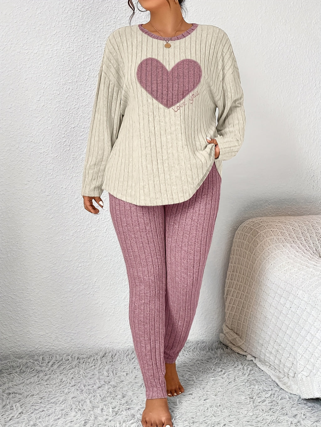 Plus Size Heart Fitted Long Sleeve And Long Pants Loungewear Set