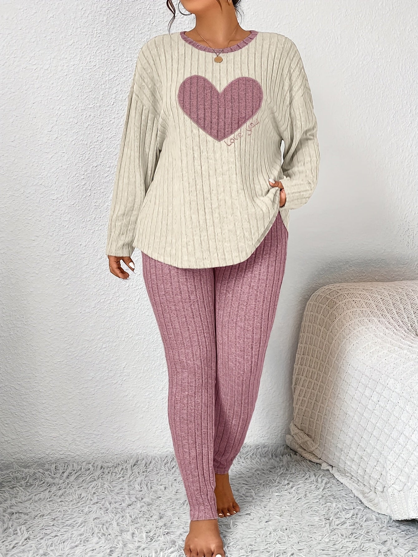 Plus Size Heart Fitted Long Sleeve And Long Pants Loungewear Set