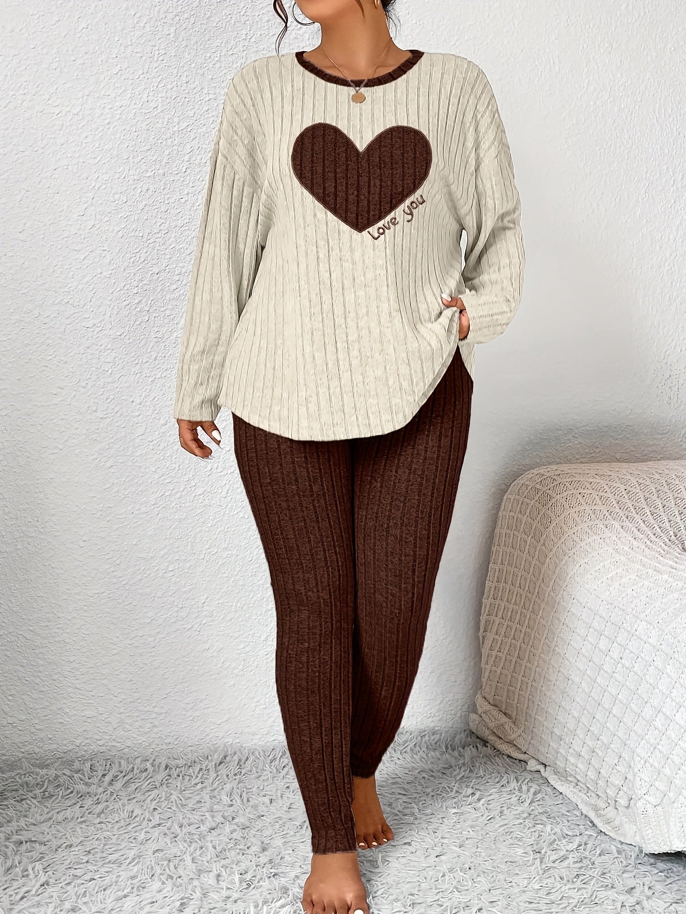 Plus Size Heart Fitted Long Sleeve And Long Pants Loungewear Set