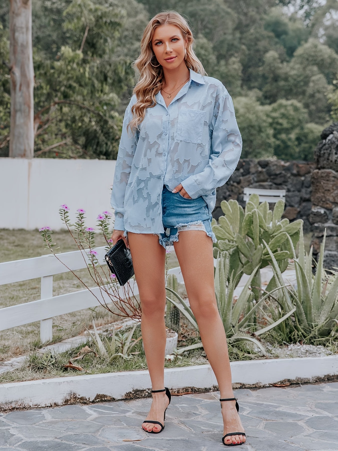 Chiffon V-neck Loose Lapel Blouses, Casual Button Down Long Sleeve Fashion Shirts Tops, Women's Clothing