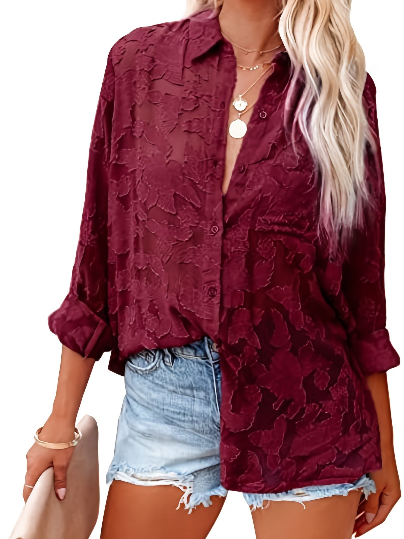 Chiffon V-neck Loose Lapel Blouses, Casual Button Down Long Sleeve Fashion Shirts Tops, Women's Clothing