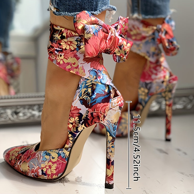 Women's Floral Printed Satin High Heels, Fashion Pointed Toe Lace Up D'Orsay Stiletto Sandals, Party & Dress Pumps