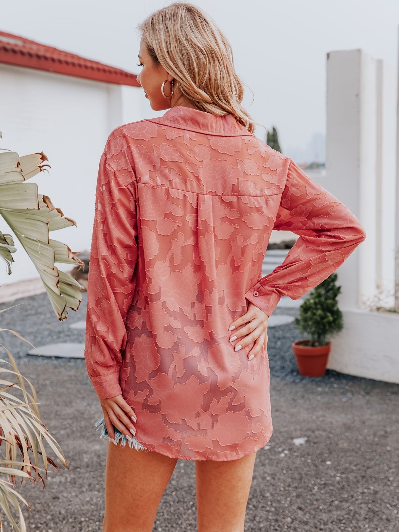 Chiffon V-neck Loose Lapel Blouses, Casual Button Down Long Sleeve Fashion Shirts Tops, Women's Clothing